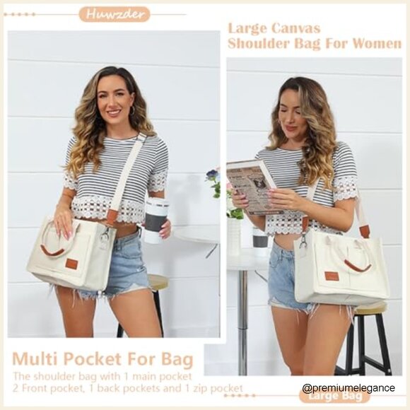 Canvas Tote Bag with Adjustable Strap Multiple Pockets Large Capacity Hobo - Picture 2 of 7